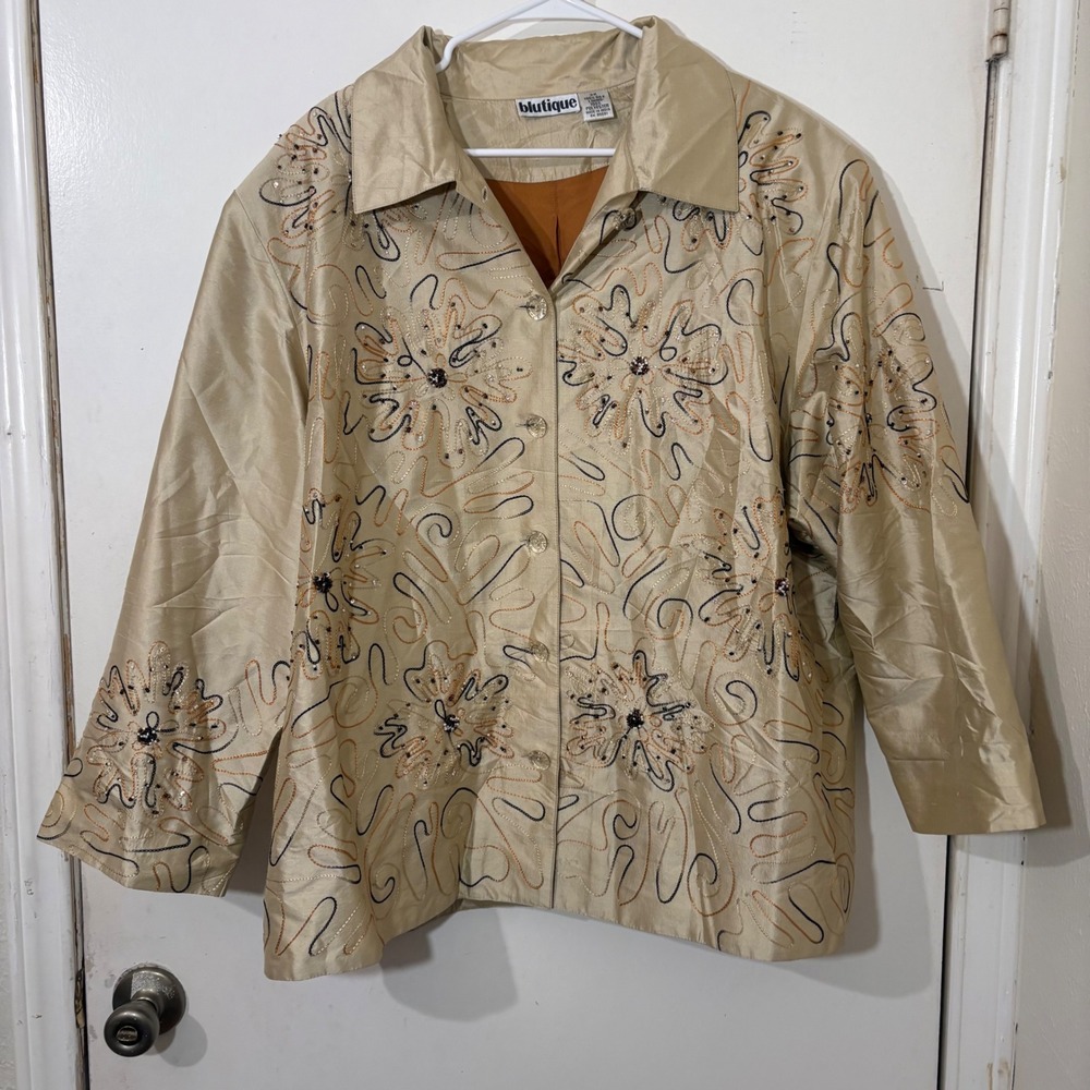 Abstract Embroidered Artsy Silk Retro Jacket Cream Gold Metallic Funky Unique 3X - Picture 2 of 5